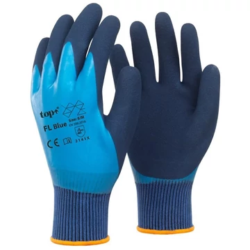 TOP FL Blue latex mártott poliészter kesztyű, gumírozott mandzsetta TOP FL Blue latex mártott poliészter kesztyű, gumírozott mandzsetta